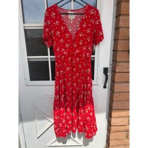 Sunday Mi Amor Red Floral V-Neck Tiered Ruffle Midi Sundress Medium Dainty Boho